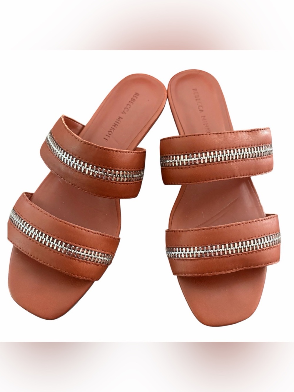 Rebecca Minkoff Cognac Double-Zip Slide Sandals